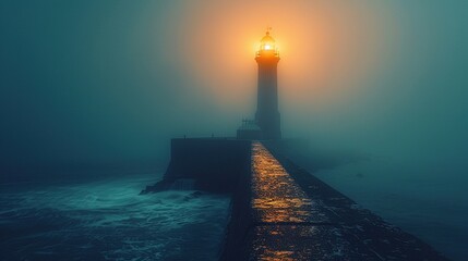 Calm landscape with a lonely lighthouse in the fog. Mystical and mysterious background. Generative AI - obrazy, fototapety, plakaty