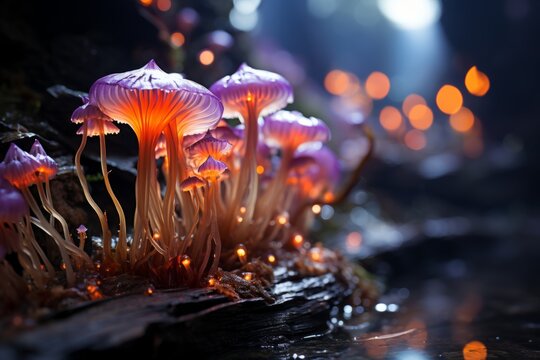 Bioluminescent mushrooms on rock in dark, resembling glowing flowers