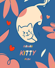 Kawaii Cats vector illustration  Smiling Kitty, cute and round-faced cat