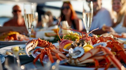 On the deck of a majestic yacht a diverse group of friends gather around a seafood feast. Succulent lobsters oysters and king crab legs fill their plates paired with glasses - obrazy, fototapety, plakaty