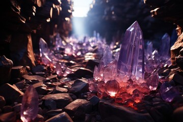 A building made of purple crystals and rocks in a city