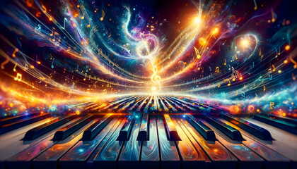  Cosmic piano keys explode into a universe of musical notes and vibrant galactic swirls. - obrazy, fototapety, plakaty