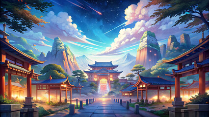 Fototapeta premium Nighttime View of a Beautiful Chinese Temple with Traditional Architecture and Cultural Significance