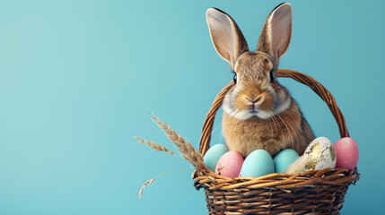 Cute Easter bunny in a basket with Easter eggs and copy space for text. Perfect for Easter celebration decorations.