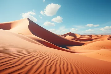 Fotobehang Sand dunes dot the desert landscape under a clear blue sky © yuchen
