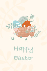 Holiday card. Basket with Easter eggs. Retro style illustration. Hand drawn.