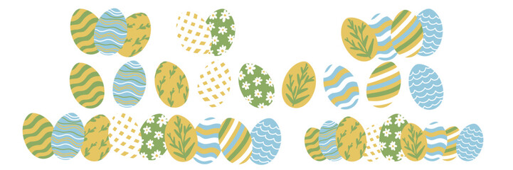 Set of Easter Egg Border. Different Painted Easter Eggs Collection. Cute Aesthetic Colorful Elements. Holiday Vector Illustration. Hand Drawn Childish Cartoon Style. Isolated on White Background