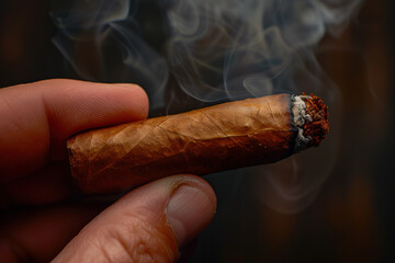 Hand holding smoking brown cuban cigar with copy space