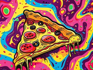 Psychedelic slice of pizza, in the style of minimalist line art, appropriation artist, funk art