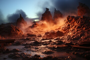Volcanic landscape with rocks, smoke, and cumulus clouds in the sky