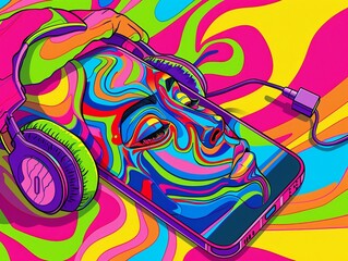 Psychedelic smartphone and headphones, in the style of minimalist line art, appropriation artist, funk art
