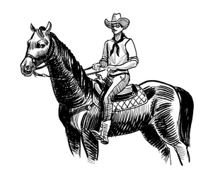 Cowboy riding a horse. Hand drawn retro styled black and white illustration - 761938933