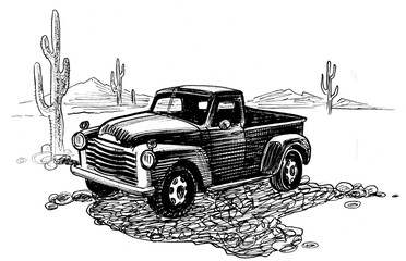 Vintage American truck in the desert. Hand drawn retro styled black and white illustration - 761938937