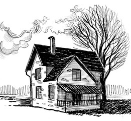 Old house in the countryside. Hand drawn retro styled black and white illustration - 761938939