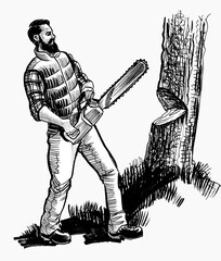 Lumberjack cutting tree with chainsaw. Hand drawn retro styled black and white illustration - 761938941