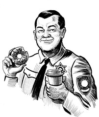 American police officer drinking coffee and eating doughnut. Hand drawn retro styled black and white illustration - 761938942