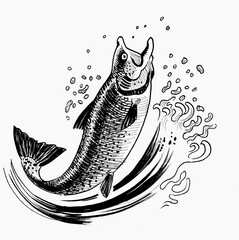 Jumping salmon fish. Hand drawn retro styled black and white illustration - 761938951