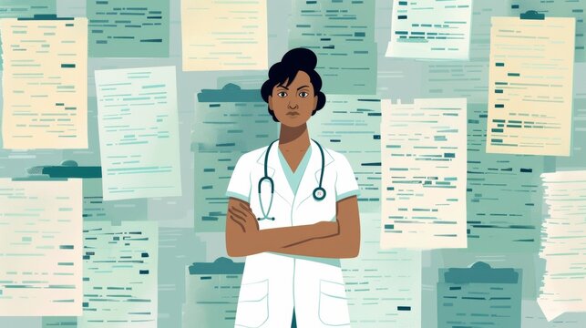 An illustration of a patient with their arms crossed standing confidently in front of a list of their rights including the right to informed consent to refuse treatment and