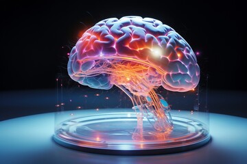 Pharmaceutical research using 3D holograms to model brain tumor reactions to new drugs, accelerating medical innovation - obrazy, fototapety, plakaty