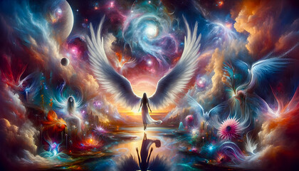 Ethereal being with expansive wings in a fantastical cosmic landscape with planets and nebulae.