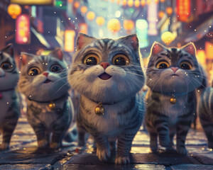 Cute 3D plump cats in Chubby Cat City, their curious big eyes illuminate bustling streets, purring melodies creating a serene vibe - obrazy, fototapety, plakaty