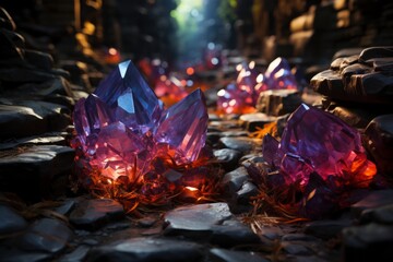 A pile of rocks with purple crystals, creating an artistic landscape in the city
