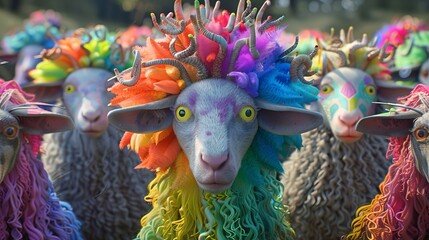 Playful sheep in 3D, each with unique, surreal fantasy , colorful hairstyles ranging from pastel rainbow spikes to soft, curly locks - obrazy, fototapety, plakaty