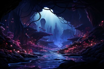 a painting of a dark forest with a river running through it - obrazy, fototapety, plakaty