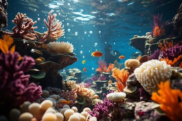 Vibrant coral reef teeming with fish in the underwater natural environment