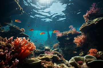 Underwater ecosystem with vibrant corals and fish in the fluid body of water