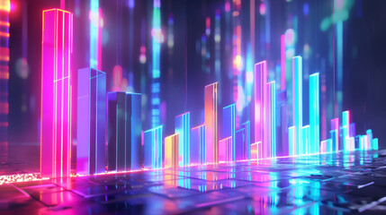 Vibrant 3D rendering of a stock graph under neon lights, showcasing a glow of creativity and dynamic market trends