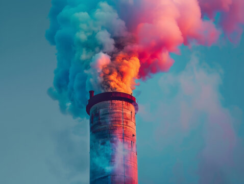 Vivid close-up of a smokestack, with pastel smoke billowing out, a stark reminder of fuel power's impact on the environment, surreal fantasy