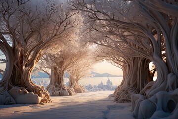 Snowcovered trees in a wintry forest, creating a picturesque natural landscape