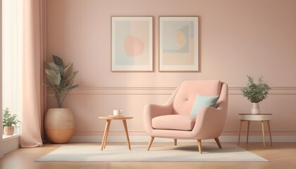 Fototapeta na wymiar Minimalist composition of living room with picture frame and retro armchair. tone on tone. pastel. pink, baby blue, soft color. 