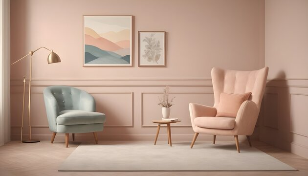 Minimalist composition of living room with picture frame and retro armchair. tone on tone. pastel. pink, baby blue, soft color. 
