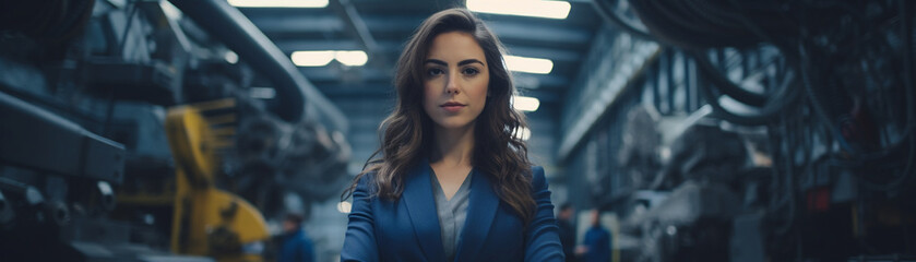 Portrait of a confident young woman in engineering standing in front of advanced manufacturing machinery, breaking stereotypes - obrazy, fototapety, plakaty