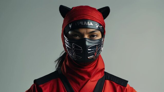 Figure in red ninja attire, wielding a sword with one hand, standing in a confrontational pose.
