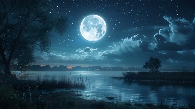 Beautiful moon shining down, casting a serene glow over a tranquil landscapesuper detailed