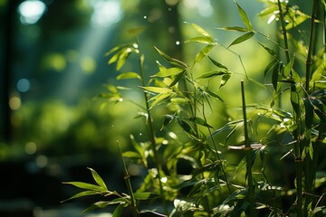 Close up of a bamboo plant with sun shining through leaves in a forest