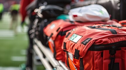 Obraz premium A detailed shot of the first aid kits stationed throughout the stadium for quick and easy access in case of emergencies.