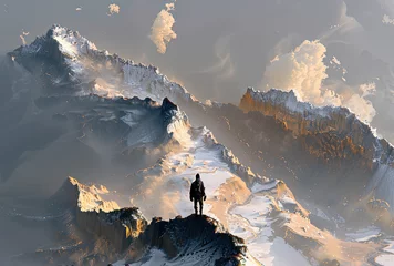 Poster Climber on mountain peak, Beautiful landscape with sunset. Created with Ai © Art Impression