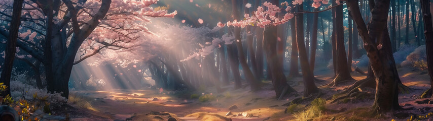 “Fragrance of Spring: A Sunlit Cherry Blossom Forest - obrazy, fototapety, plakaty