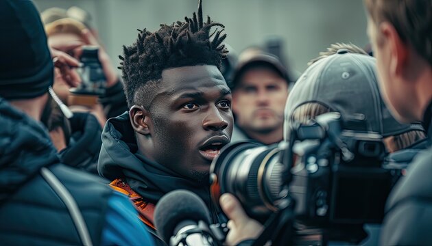 An American football player speaks to a journalist post-game, amidst a flurry of microphones and cameras 🏈🎤 Capturing the intensity of player-media interaction in sports coverage #PostGameInterview