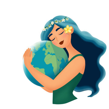 Mother earth day character illustration. A woman who is protecting the earth. Environmental problems and environmental protection. Nature concept. 