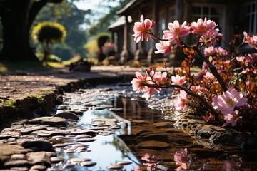 Water stream, pink flowers, house in background in natural landscape