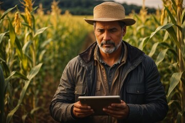 Naklejka na ściany i meble modern male farmer in corn field using digital tablet. agriculture, farming and harvesting concept
