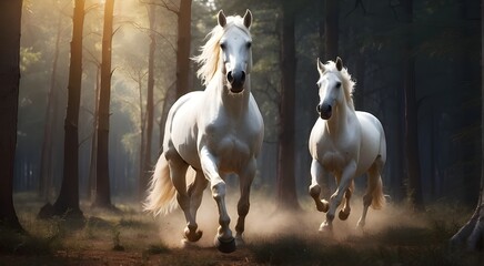 Obraz na płótnie Canvas Concept of freedom combined with Gorgeous white horse galloping in a forest light patch