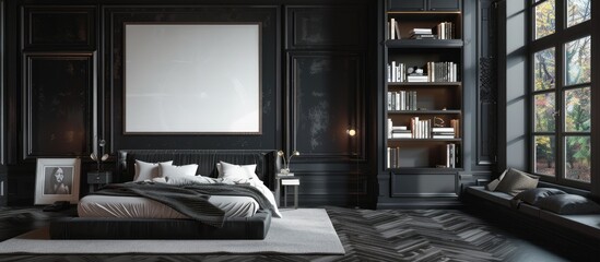 Modern luxury bedroom with black walls, large bed, bookcases, window, and framed poster. Blank wall.