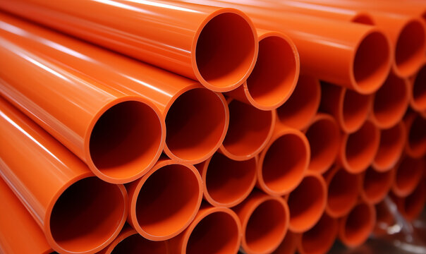 Generic plastic electrical conduits in orange stacked in a pile