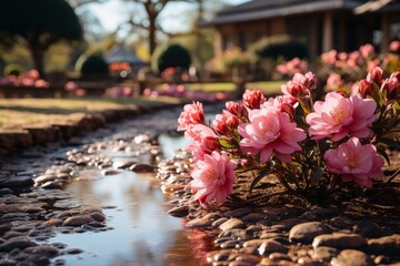 Pink flowers bloom near a flowing stream in a garden, surrounded by lush nature - Powered by Adobe